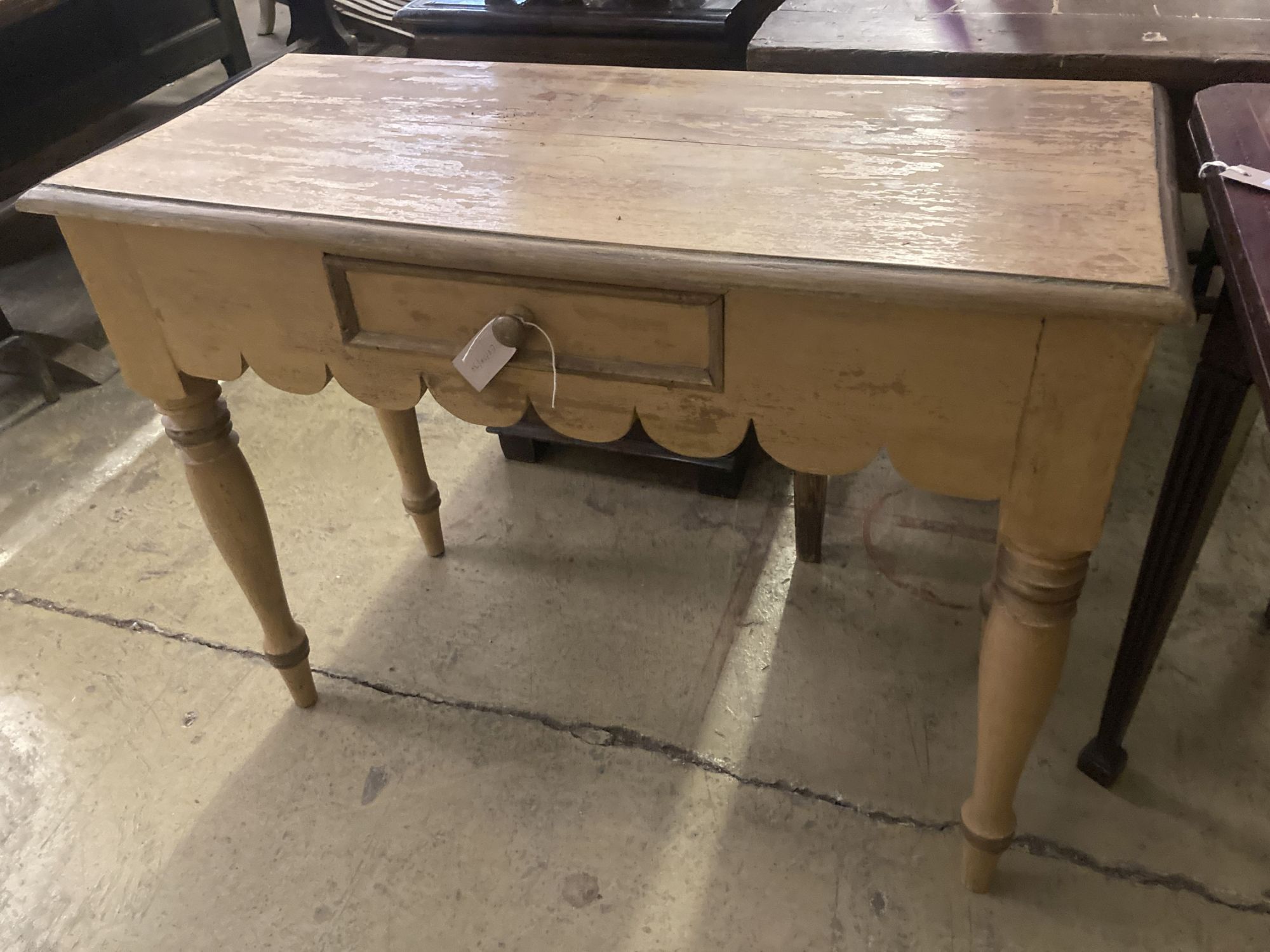 A Victorian pine cream painted console table with drawer, width 98cm, depth 43cm, height 76cm